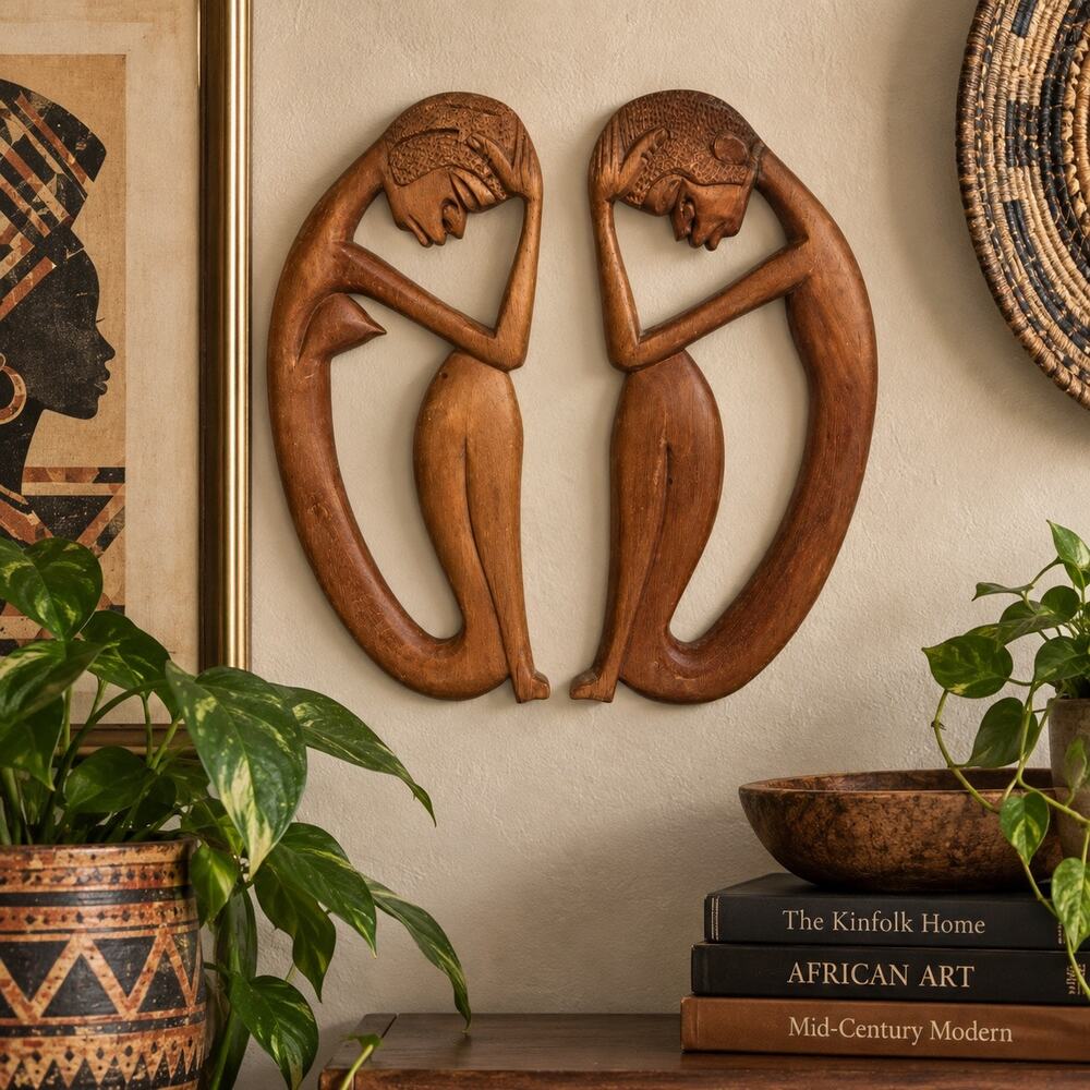 Vintage Pair Hand Carved Wood Thinking Figures 12” MCM Boho Folk Art Decor
